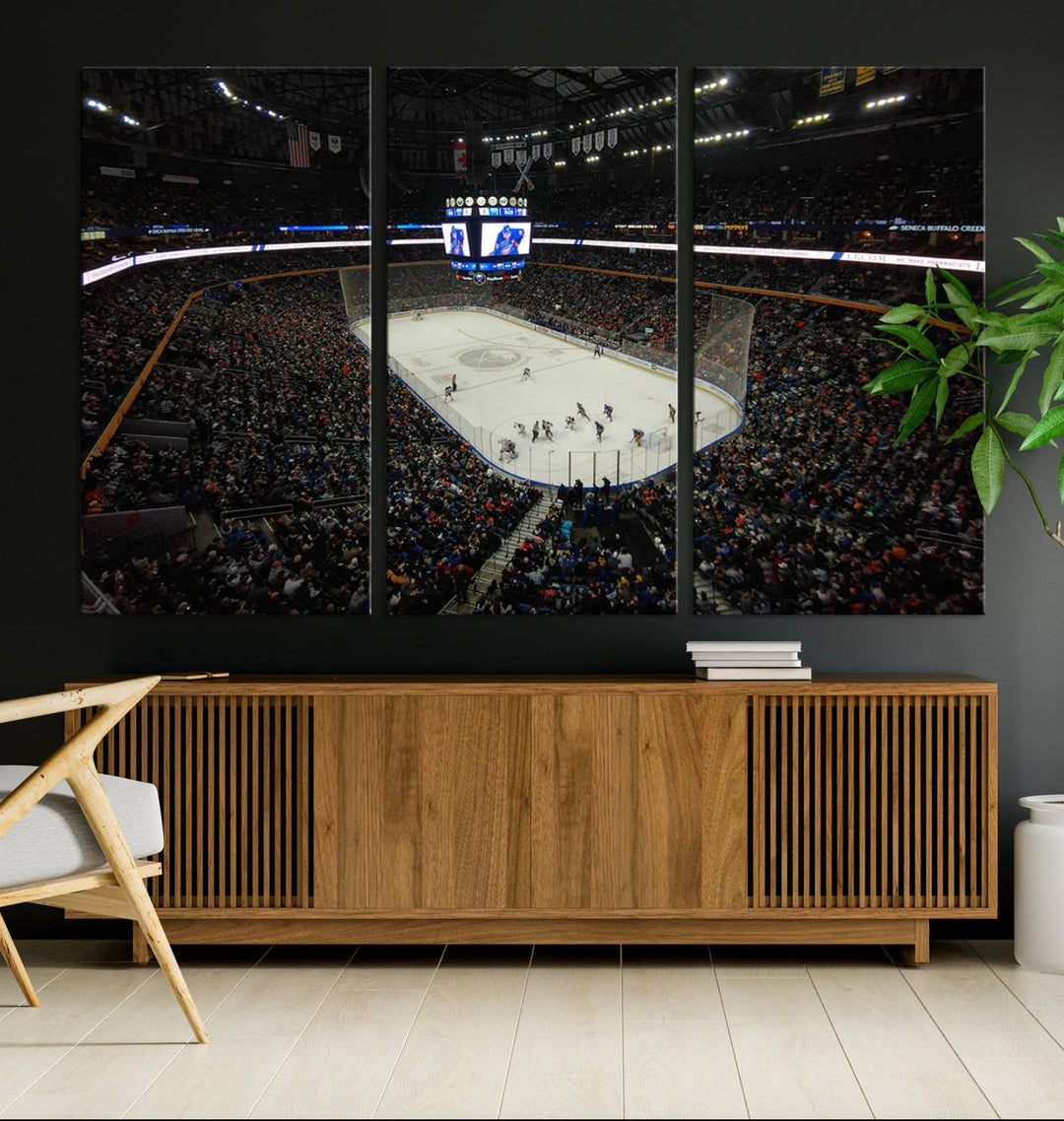 The nautical-themed room is enhanced by the KeyBank Center New York Buffalo Sabres Hockey Stadium Wall Art Canvas Print, a three-panel depiction of a bustling hockey arena with a gallery-quality finish. This canvas artwork, handmade in the USA, introduces an element of sporting elegance to your decor.