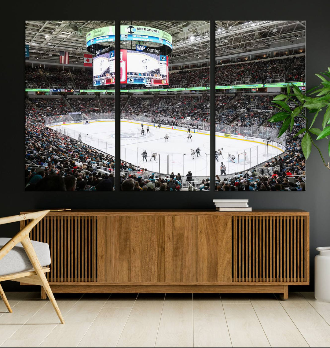 A packed ice hockey arena buzzes with energy as players glide on the ice and a large screen displays scores. The indoor decor features Sharks Arena Blackhawks Sharks Ice Hockey Stadium Wall Art Canvas Prints, creating an unexpected yet charming sporting atmosphere reminiscent of a gallery.