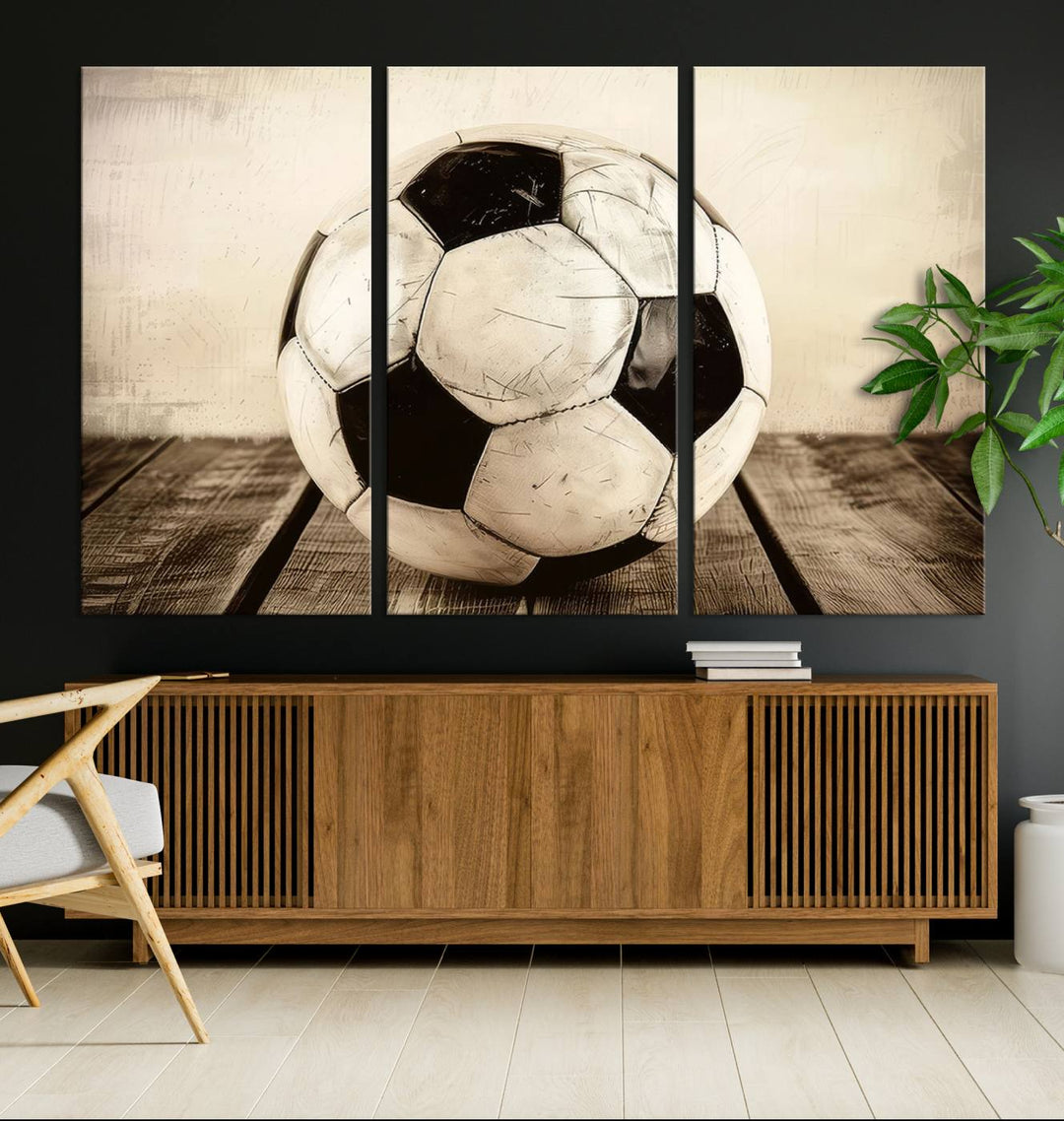 Vintage Soccer Ball Triptych Canvas Art – 3-Panel Soccer Wall Decor, Framed and Ready to Hang Sports Art for Home, Office, or Gym