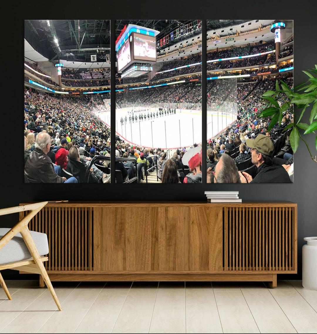 The Xcel Energy Center St Paul Minnesota Wild Ice Hockey Stadium Wall Art Canvas Print captures a packed hockey arena with spectators watching players on the ice. It is elegantly preserved on museum-quality canvas with vibrant details protected by a UV-protective coating.