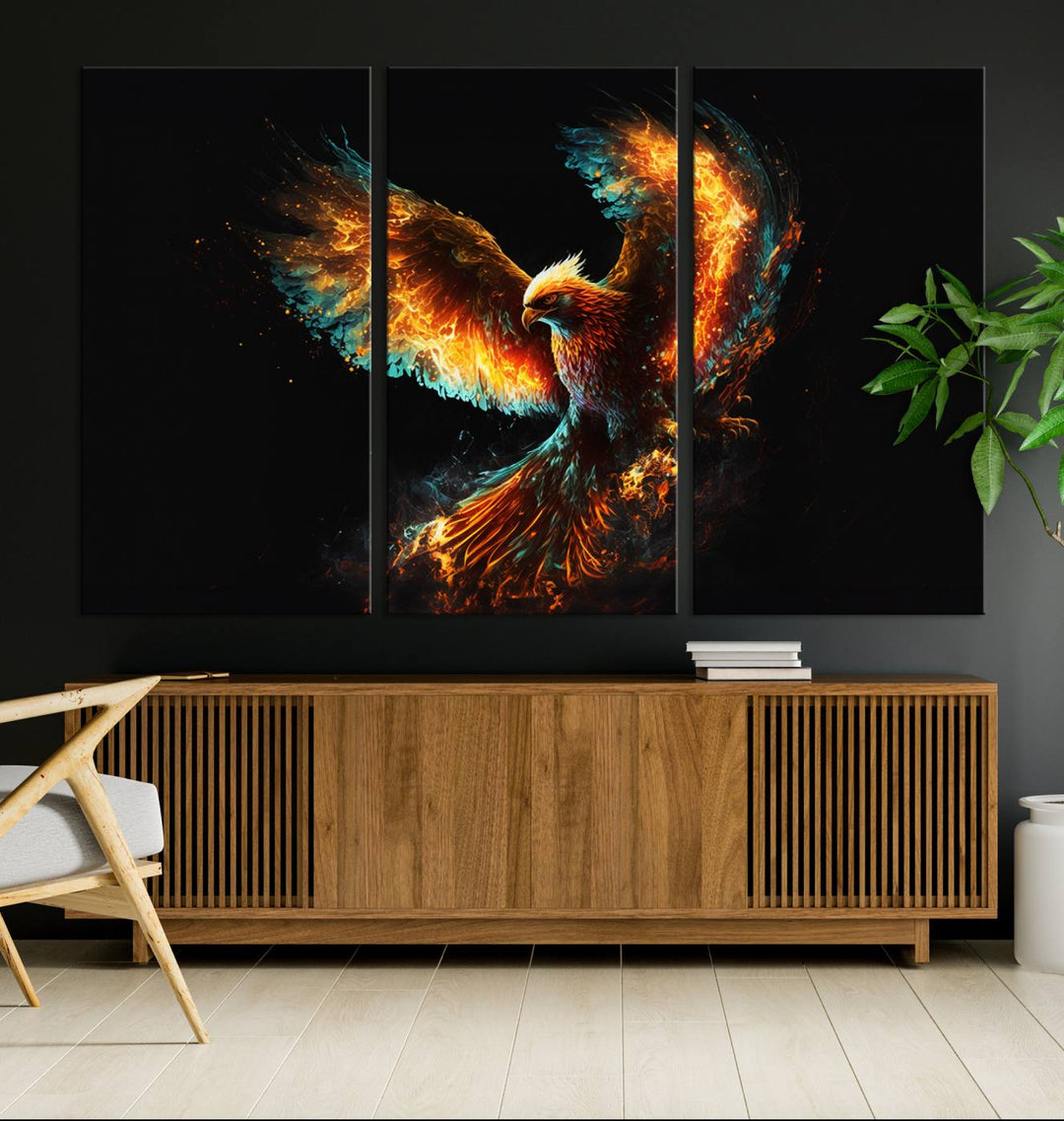 Fiery Phoenix Canvas Print | Ready to Hang Wall Art | Bold Fantasy Decor for Living Room | Majestic Bird Artwork