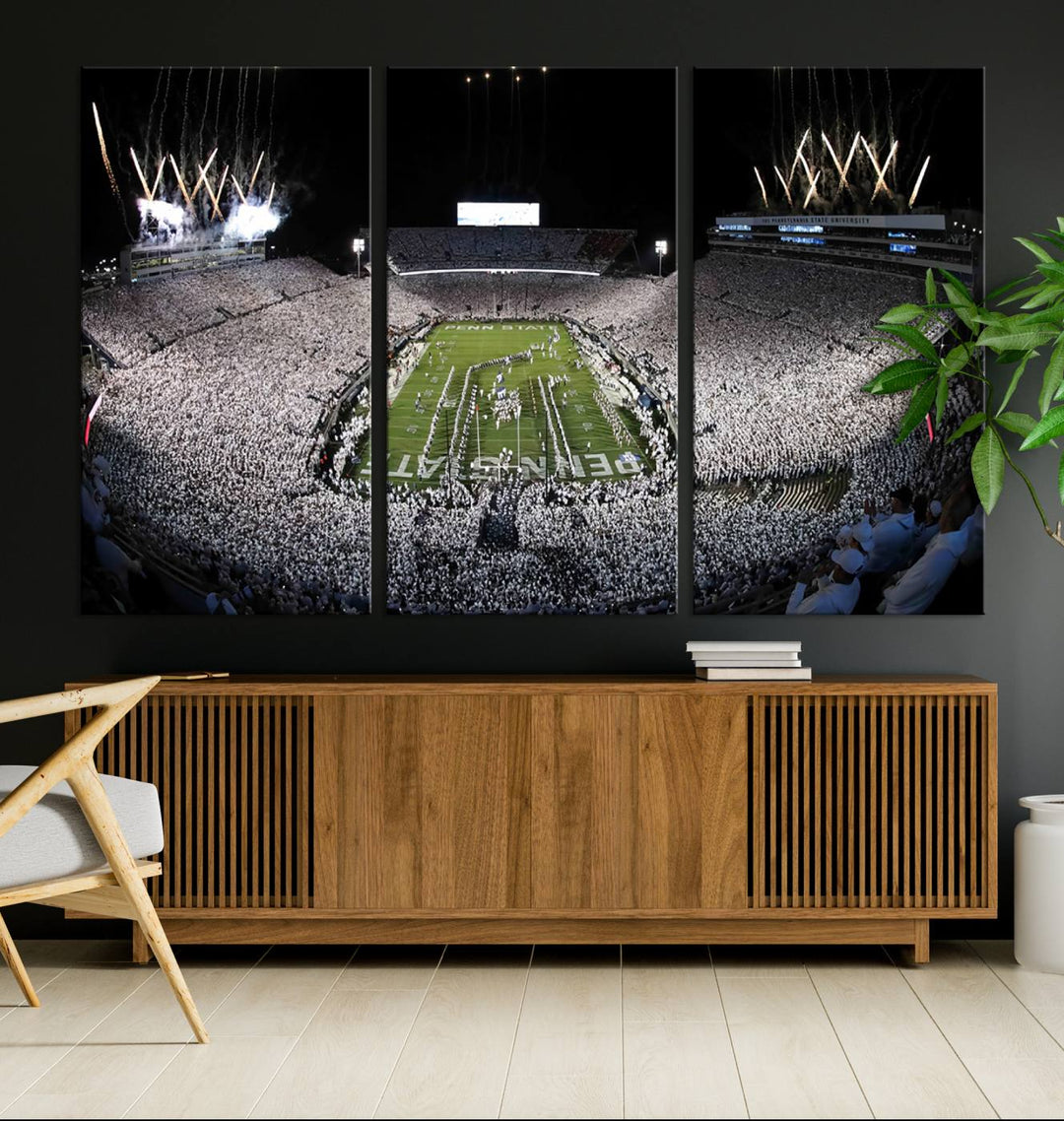 Wide-angle print of a packed stadium with fireworks, ideal gallery-quality wall art - Penn State Nittany Lions Canvas.