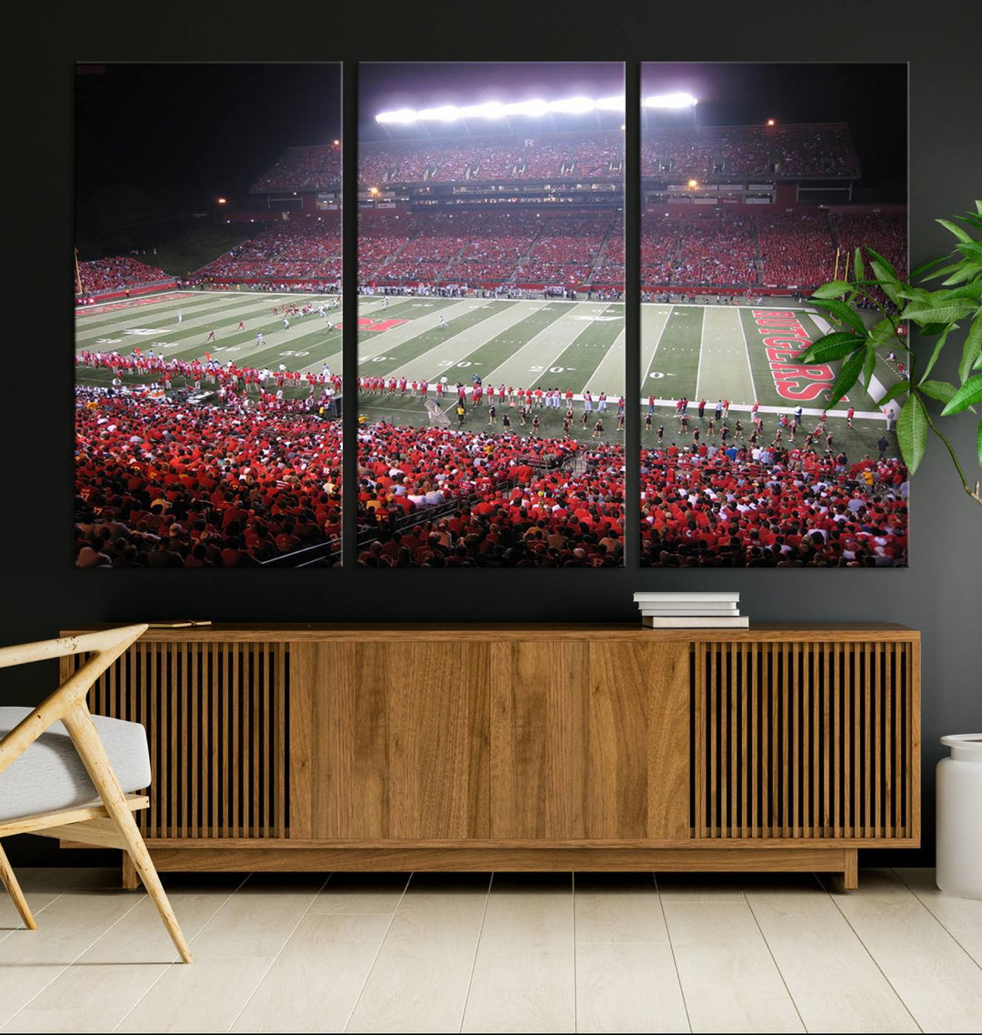 A bustling night game at SHI Stadium is captured as Rutgers Scarlet Knights wall art on a gallery-quality canvas print.