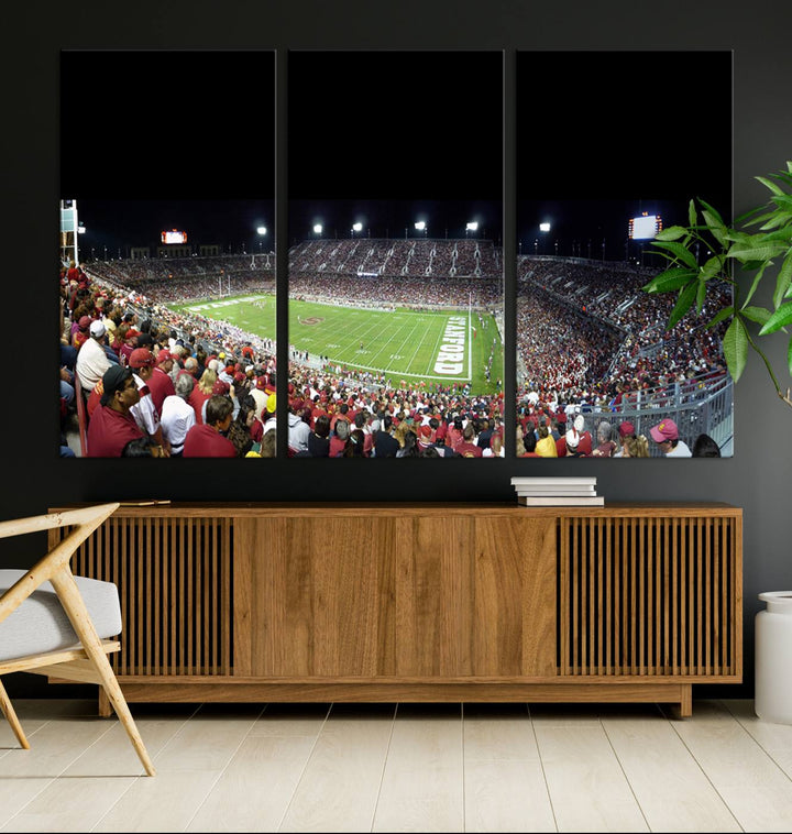 This Stanford University Cardinal Football Team canvas print, depicting fans in red filling Stanford Stadium at night, is perfect.