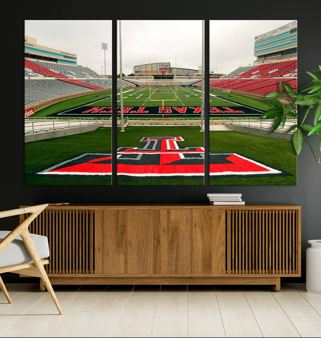 Gallery-quality print of Lubbock Jones AT&T Stadium featuring the Texas Tech Red Raiders field, highlighted by red and gray bleachers.