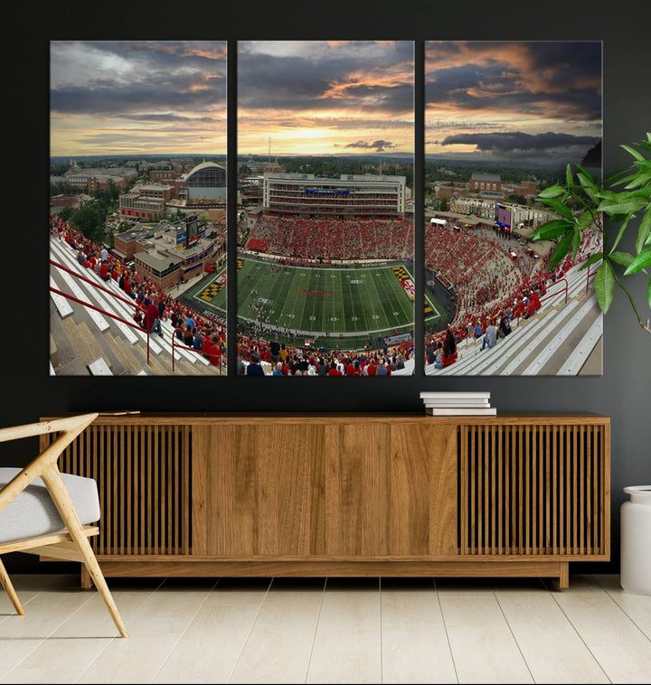 The University of Maryland Terrapins Football Team Print features SECU Stadium at sunset with vibrant skies.