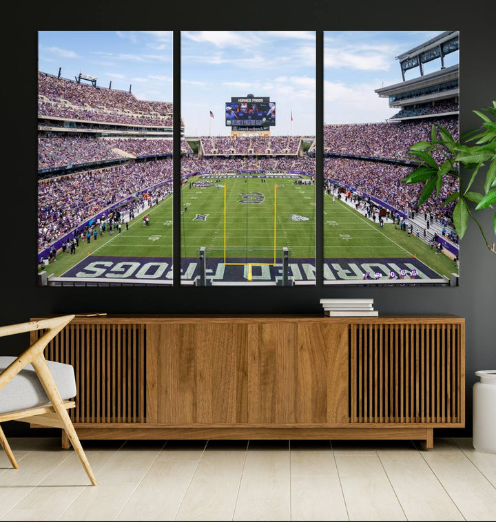 The TCU Horned Frogs print portrays a vibrant Amon G. Carter Stadium, filled with energy and game action.