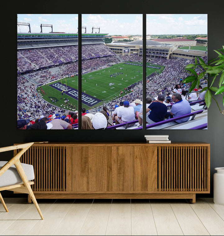 Amon G. Carter Stadium wall art canvas showcasing the TCU Horned Frogs and packed stands at Fort Worth.