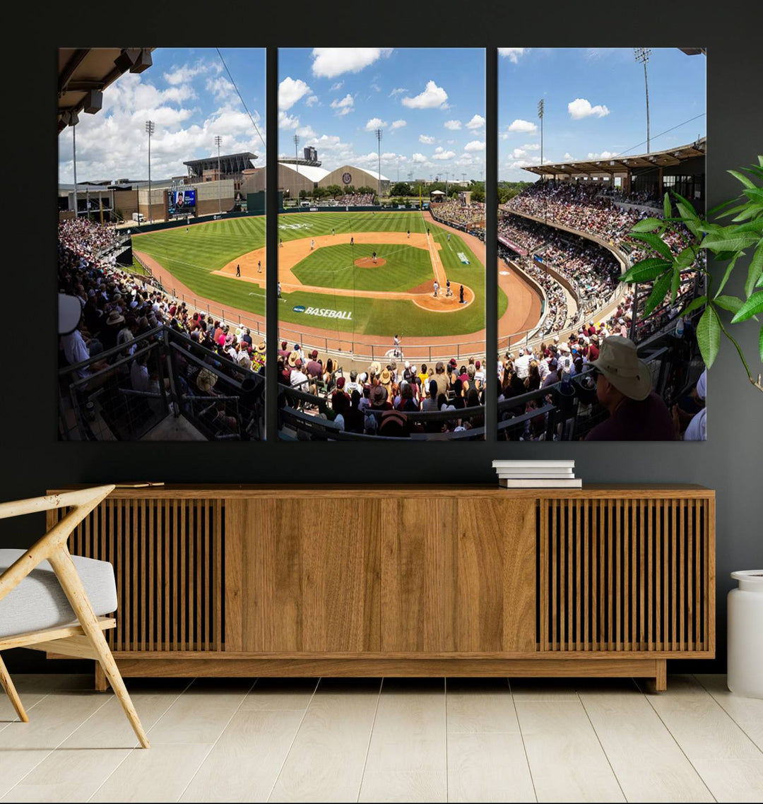 A baseball stadium under a blue sky, capturing the energy of The Texas A&M Aggies Athletics Kyle Field Wall Art.