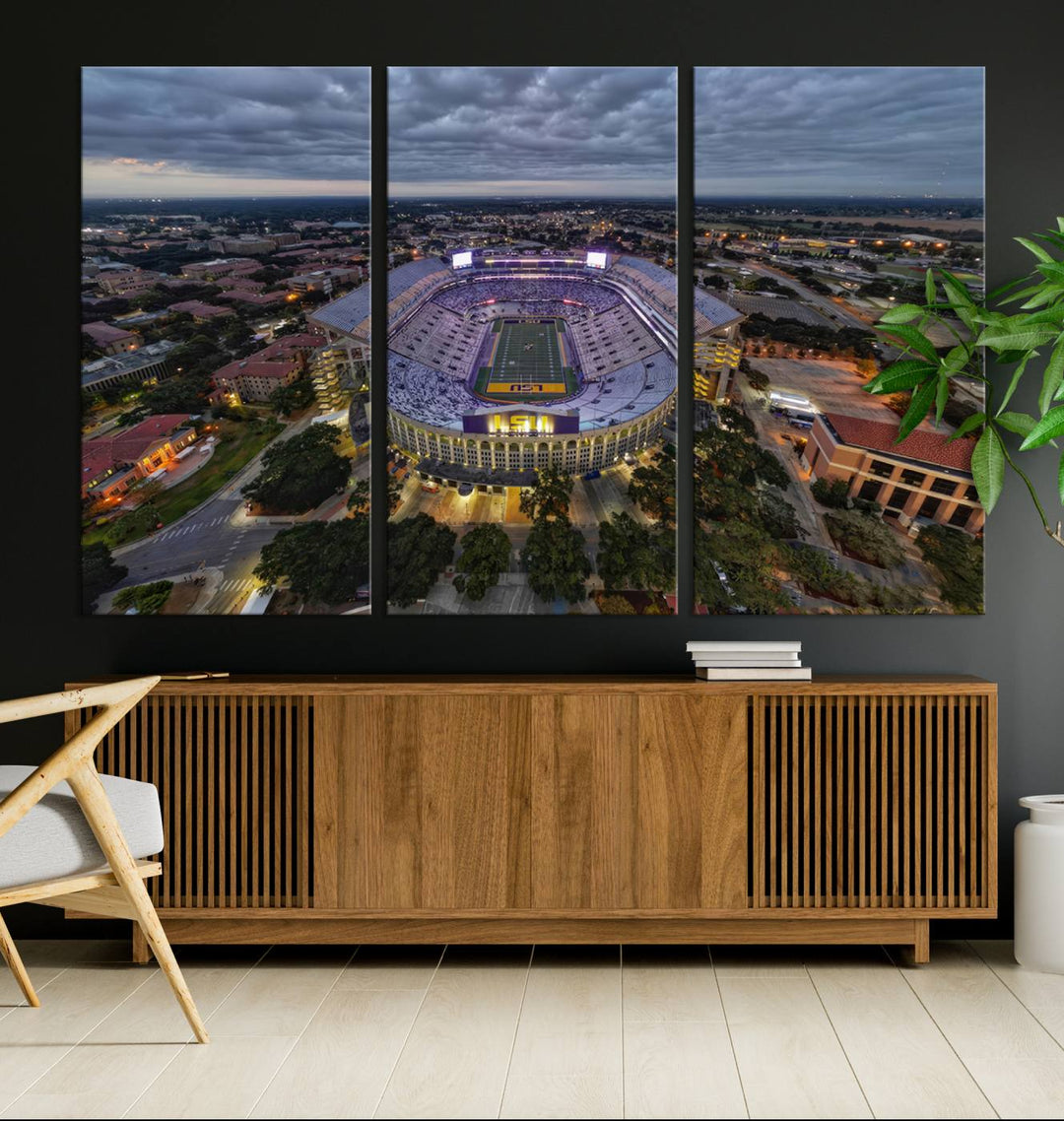 The LSU Tigers Football Team Baton Rouge Tiger Stadium Canvas is displayed prominently, capturing attention with its vivid depiction of the iconic stadium.