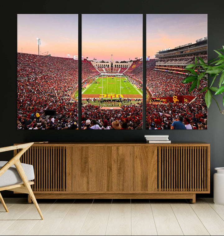 A USC Trojans wall art canvas print highlights the scene, depicting the Coliseum Stadium at sunset.