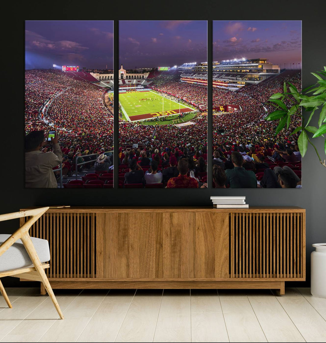 The vibrant wall art canvas print captures the USC Trojans playing under lights at dusk in LA Memorial Coliseum.