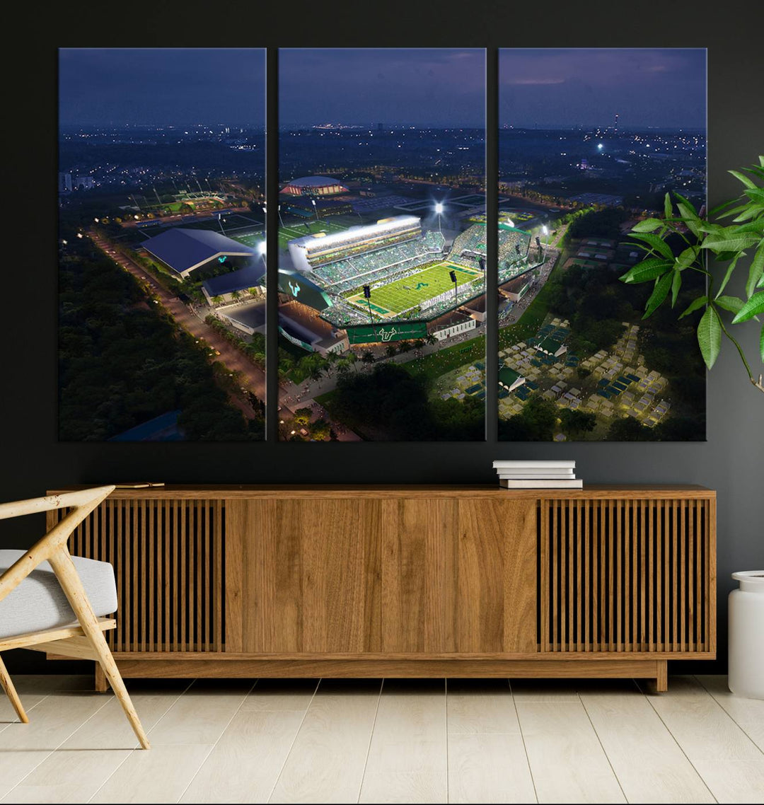 The USF Bulls Football Team Wall Art Canvas Print showcases the Tampa USF Football Stadium at night with city lights.