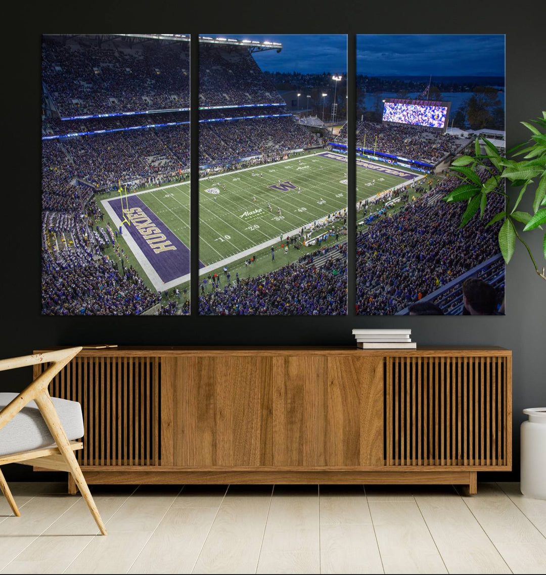 The University of Washington Huskies Football Team Print: Seattle Husky Stadium Wall Art Canvas captures a dusk stadium view.