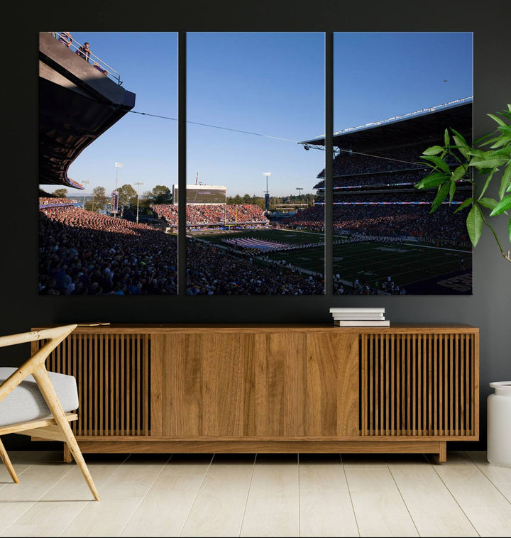 The University of Washington Huskies wall art print depicts Husky Stadium coming alive with fans as flags flutter.