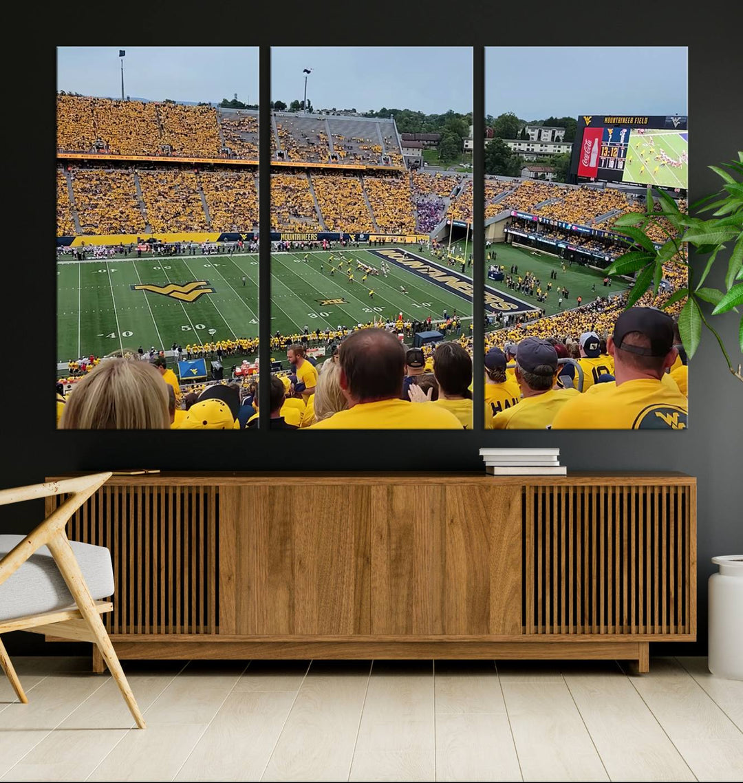 A Puskar Stadium canvas print decorates the modern living room shelf.