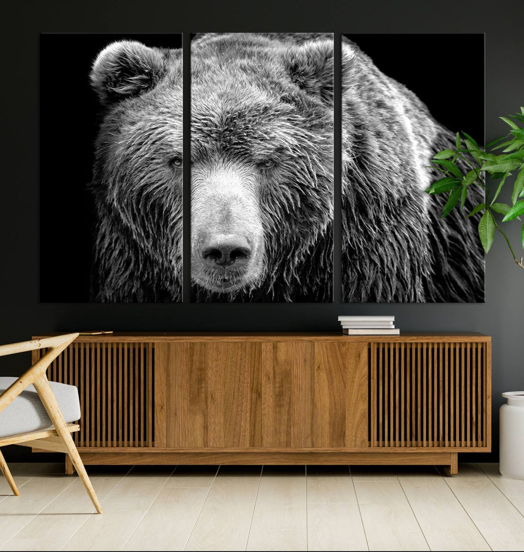 The 399 Grizzly Bear Canvas Print is displayed prominently on a wall in a modern living room.