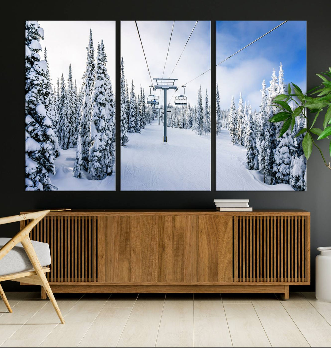 Winter Ski Lift Landscape Wall Art | Snowy Mountain Adventure | Framed and Ready to Hang | Perfect for Cabin Wall Art, Farmhouse Decor