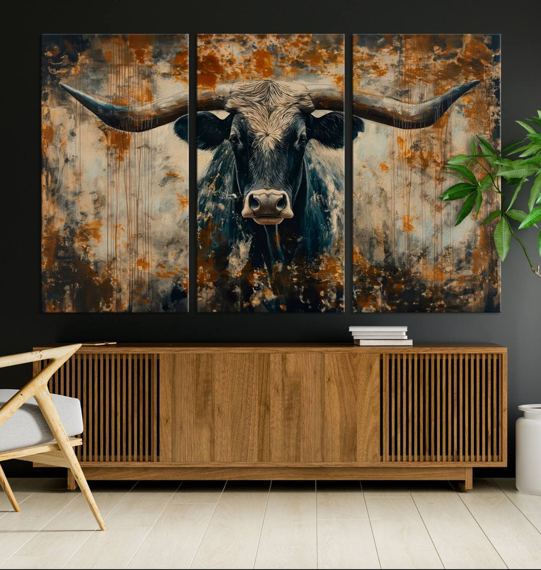 Abstract Longhorn Bull Wall Art | Rustic Western Wall Decor | Framed and Ready to Hang | Ideal for Farmhouse, Lodge, and Barn Decor