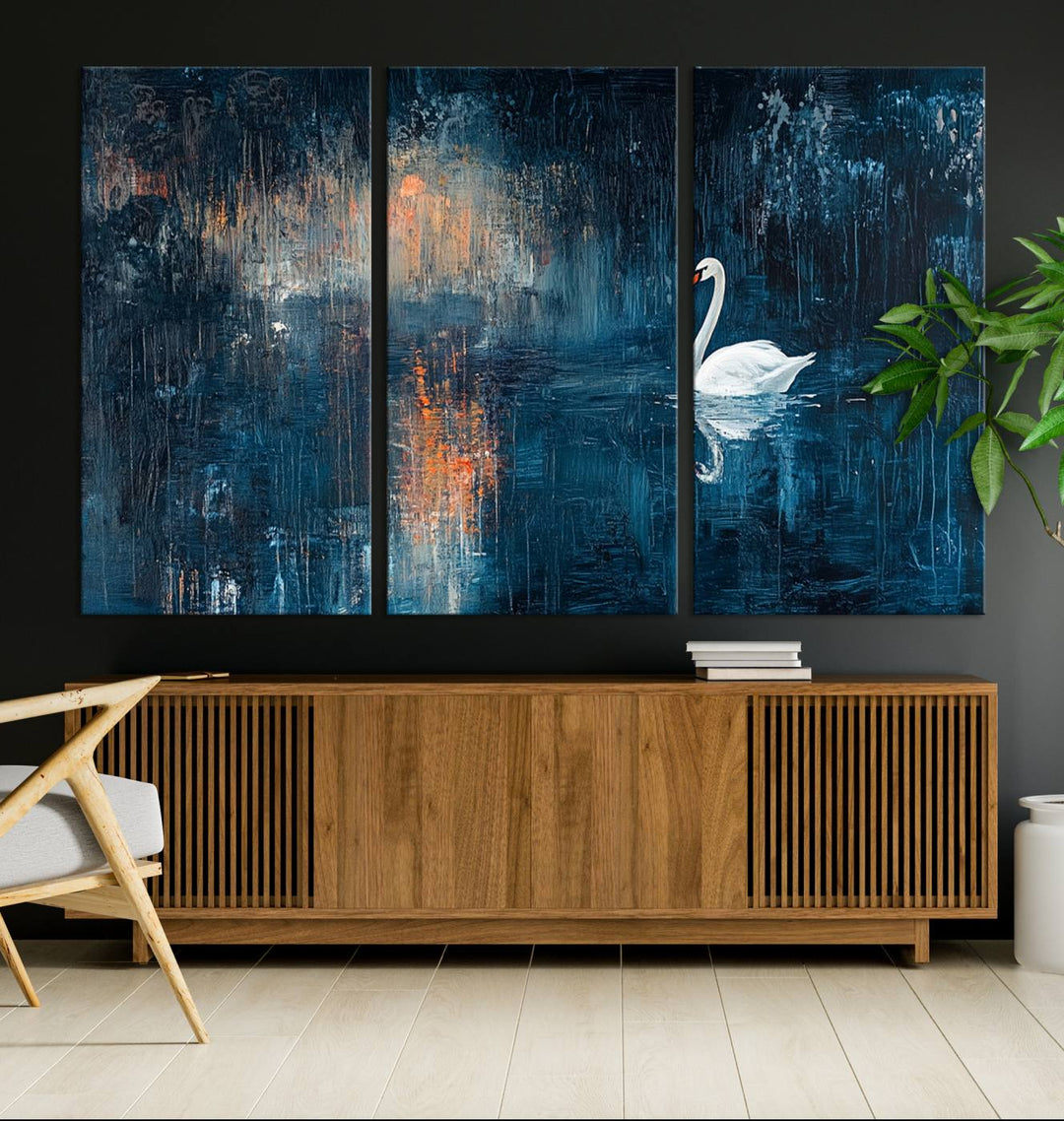 Abstract Swan Wall Art | Moody Blue and Orange Swan Painting on Canvas | Framed and Ready to Hang | Elegant and Modern Art for Living Room or Bedroom Decor