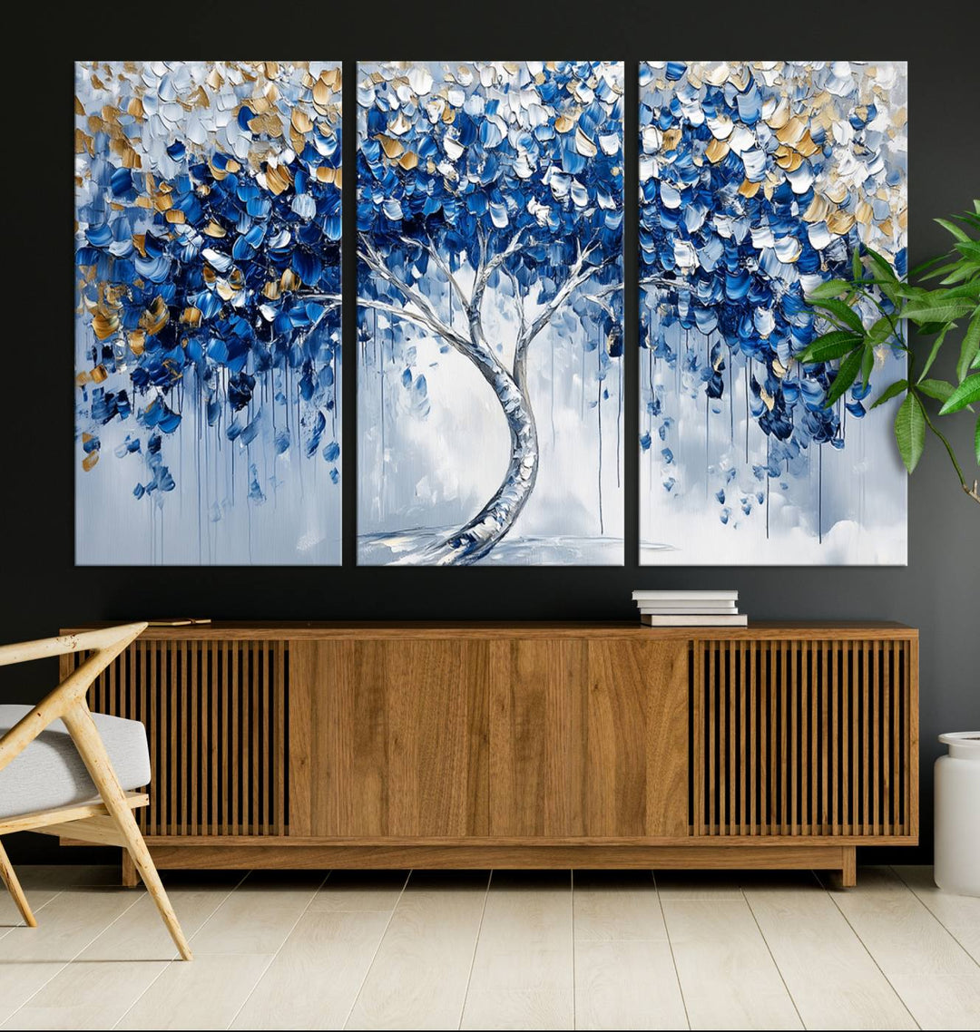 Elegant Blue and Gold Abstract Tree Wall Art | Textured Modern Tree of Life Painting | Framed Canvas Print | Ready to Hang for Dining Room Decor