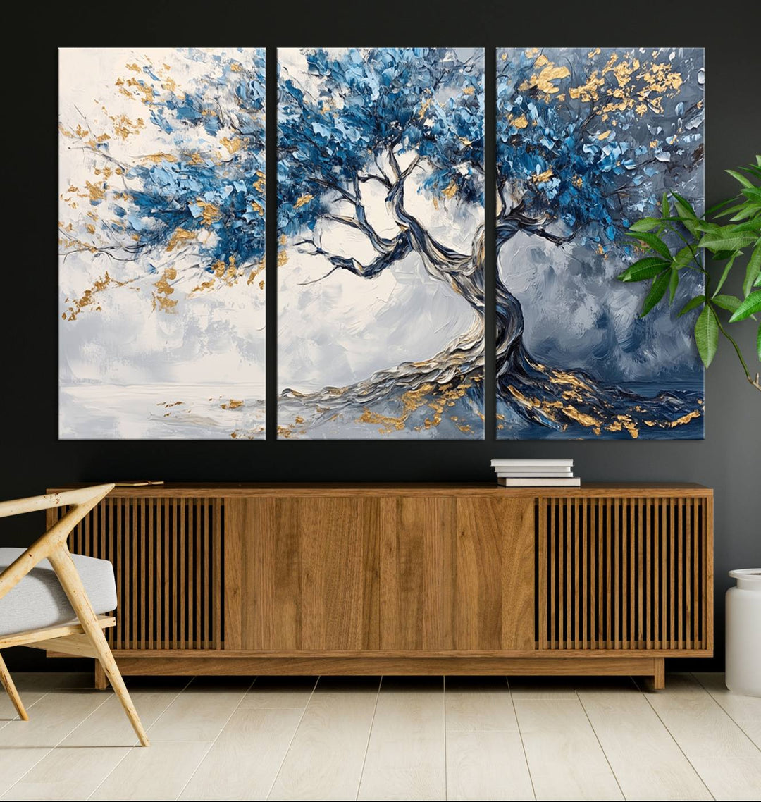 Elegant Abstract Tree Canvas Wall Art | Tree of Life Painting | Textured Art in Blue and Gold | Framed & Ready to Hang for Modern Living Room Decor