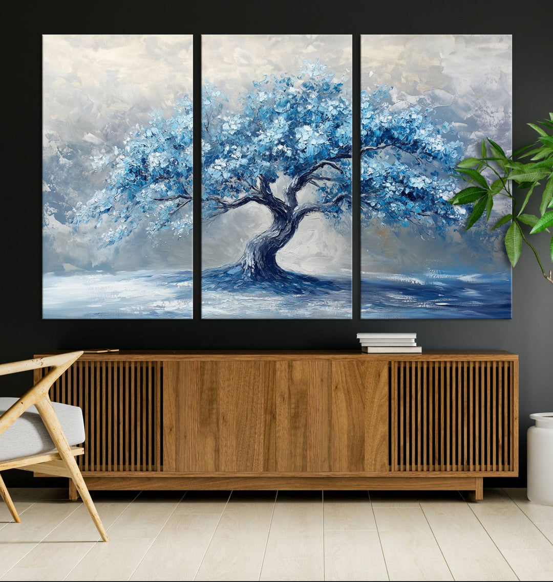 Serene Abstract Blue Tree Wall Art | Canvas Print of a Majestic Tree in Blue Hues | Perfect for Farmhouse, Coastal, and Modern Decor