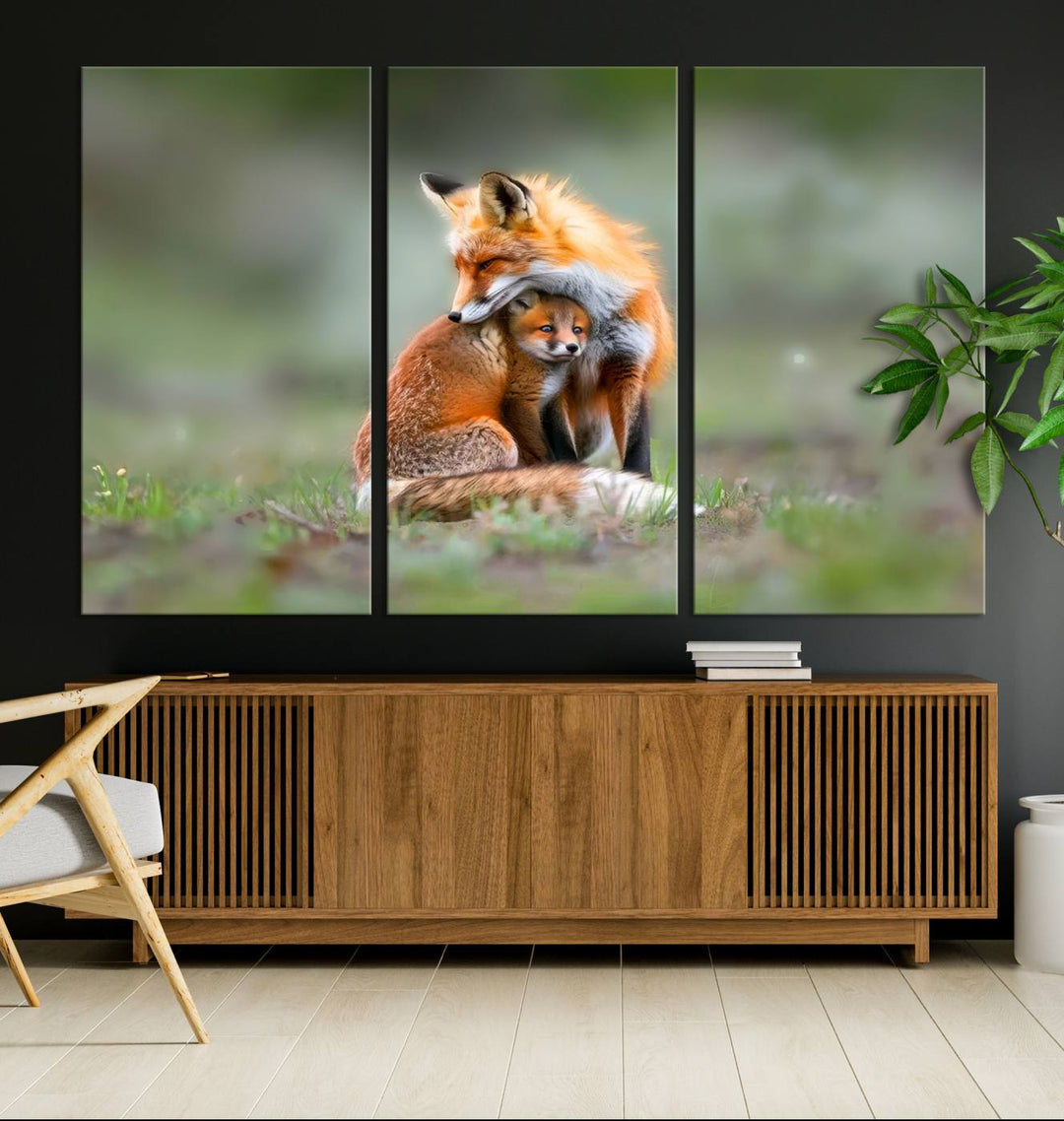 Heartwarming Fox and Baby Cub Wall Art | Ready to Hang Canvas Print of Foxes in Nature | Perfect for Animal Lovers, Rustic Decor, and Cabin Wall Art