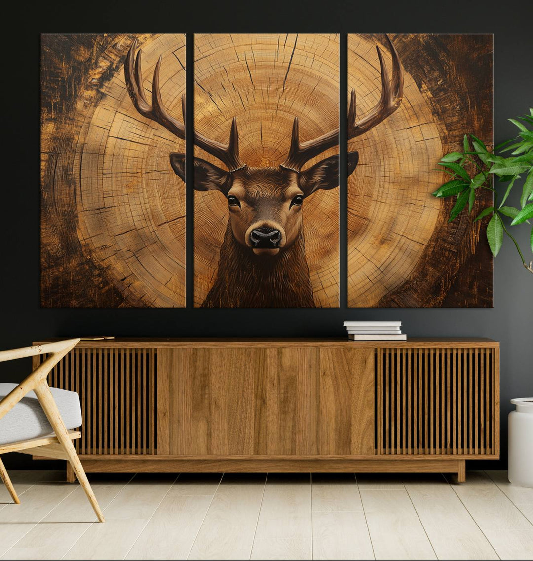 Deer Wall Art Canvas Print | Ready to Hang Canvas Print of a Stag with Rustic Tree Rings | Perfect for Farmhouse Wall Decor, Cabin Wall Art