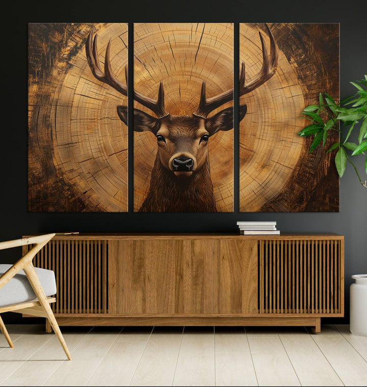 Deer Wall Art Canvas Print | Ready to Hang Canvas Print of a Stag with Rustic Tree Rings | Perfect for Farmhouse Wall Decor, Cabin Wall Art