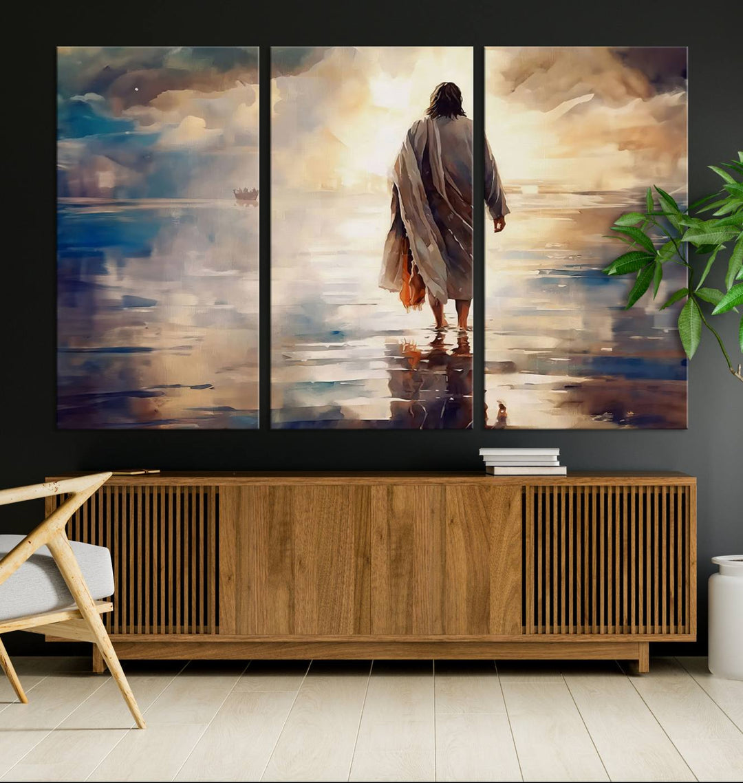 Jesus Walking on Water Wall Art | Ready to Hang Spiritual Triptych Canvas Print | Inspirational Christian Decor for Home or Church