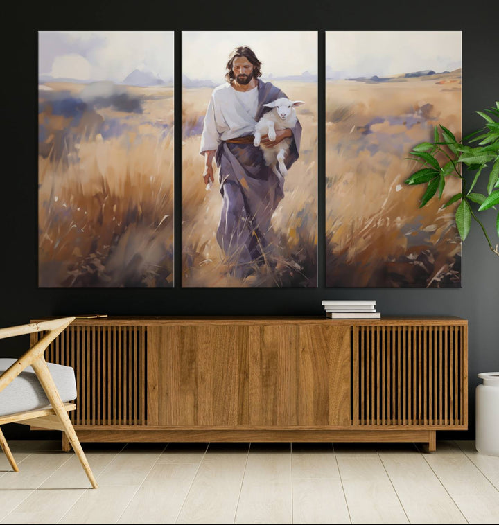 Jesus the Good Shepherd Wall Art Canvas Print - Lost Lamb  Print for Prayer Room Decor