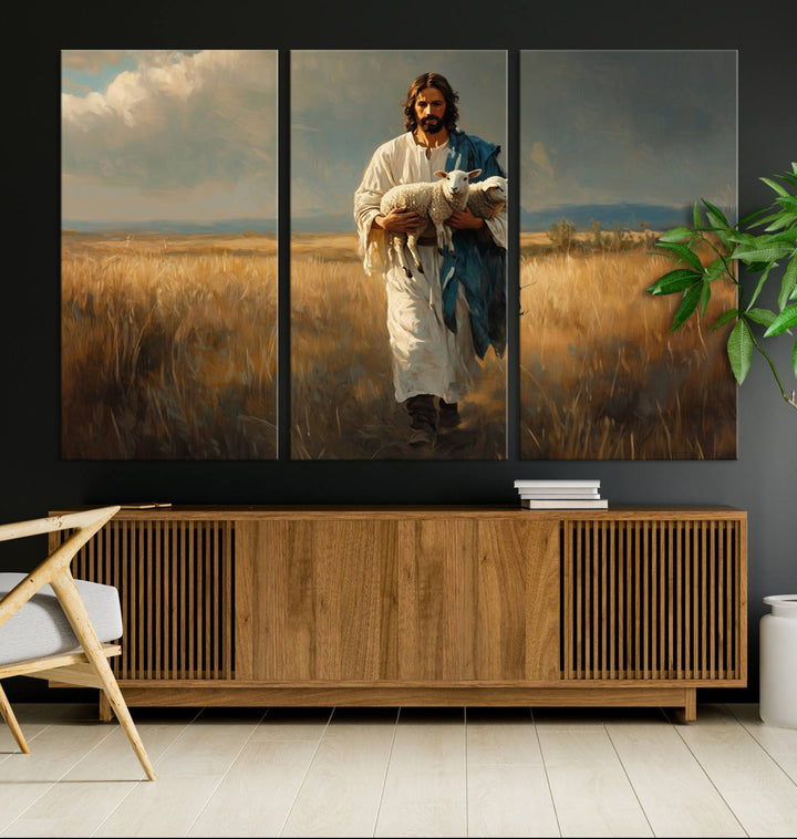 Jesus Shepherd Wall Art | Ready to Hang Triptych Canvas of Jesus Holding a Lamb in a Field | Inspirational Christian Decor for Home