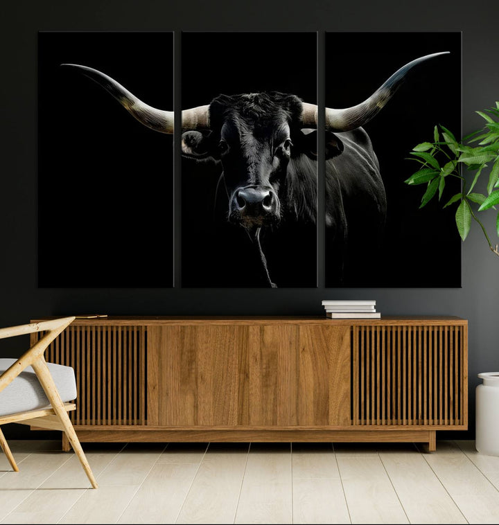 Texas Black Longhorn Bull Wall Art Canvas Print - Western Texas Cattle Rustic Decor Print - Longhorn Cow Wall Art