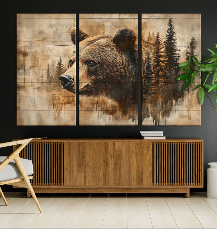 Abstract Rustic Grizzly Bear Wall Art Canvas Print - Woodland Wildlife Forest Print for Farmhouse Decor