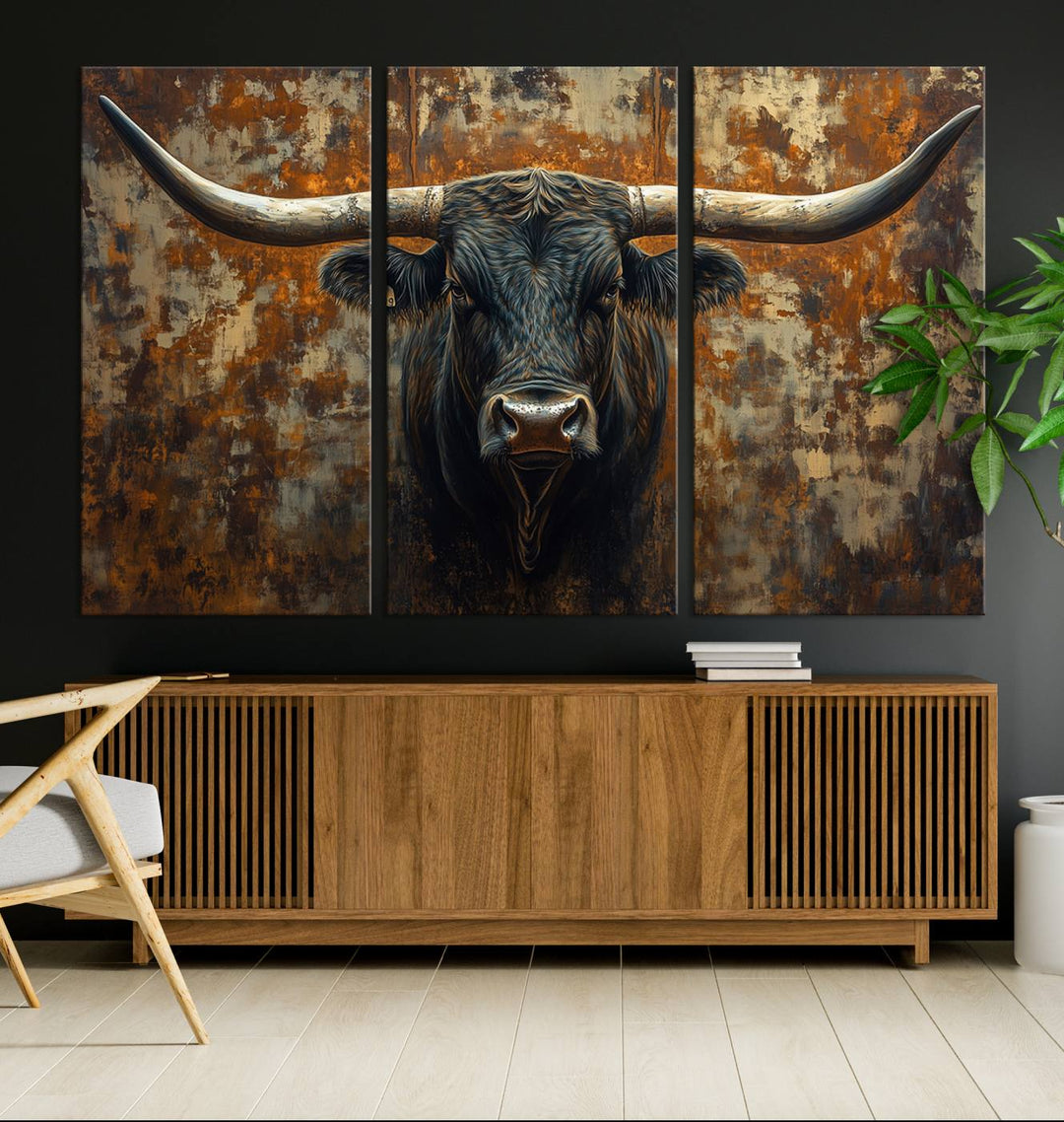 Abstract Longhorn Texas Bull Wall Art | Rustic Farmhouse Canvas Print | Ready to Hang Barn Decor for Farmhouse and Cabin Style