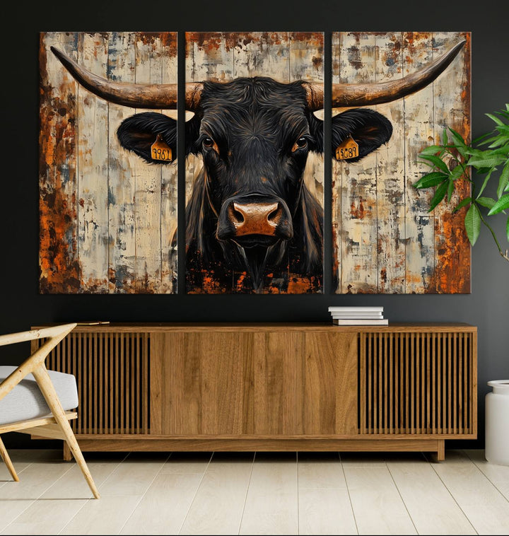 Abstract Cow Longhorn Bull Wall Art Canvas Print - Rustic Texas Western Cattle Artwork