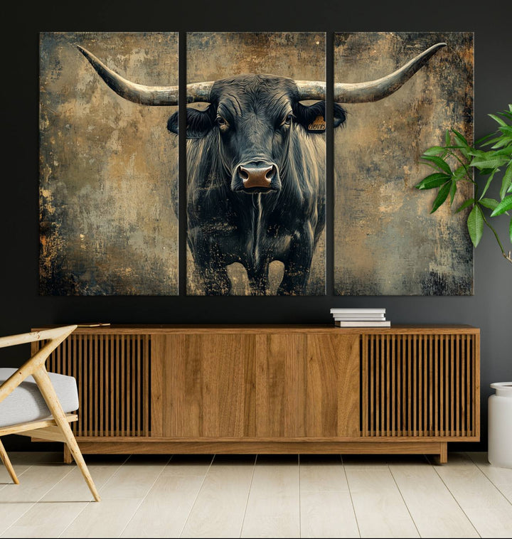 Abstract Cow Longhorn Bull Wall Art Canvas Print - Rustic Texas Western Cattle Artwork