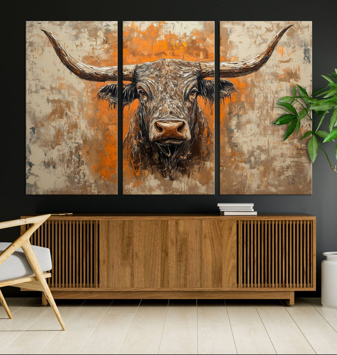 Abstract Cow Longhorn Bull Wall Art Canvas Print - Rustic Texas Western Cattle Artwork