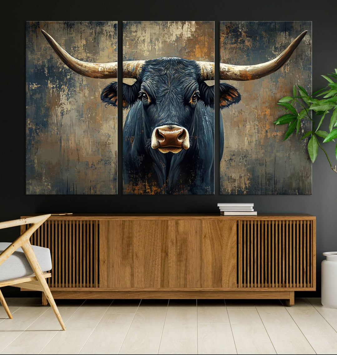 Abstract Cow Longhorn Bull Wall Art Canvas Print - Rustic Texas Western Cattle Artwork