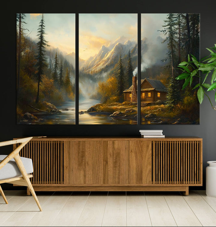 Wood Cabin Retreat Mountain at Sunset Wall Art Print - Serene Forest and River Landscape Wall Art Canvas Print