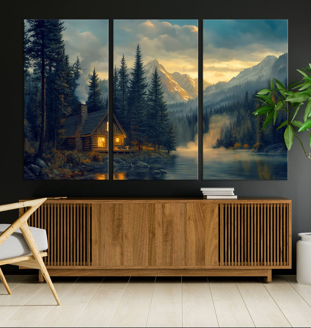 Mountain Cabin by the Lake at Sunset Wall Art - Serene Nature Canvas Print for Living Room Decor, Rustic Lodge Ambiance, 3-Panel Large Wall Art