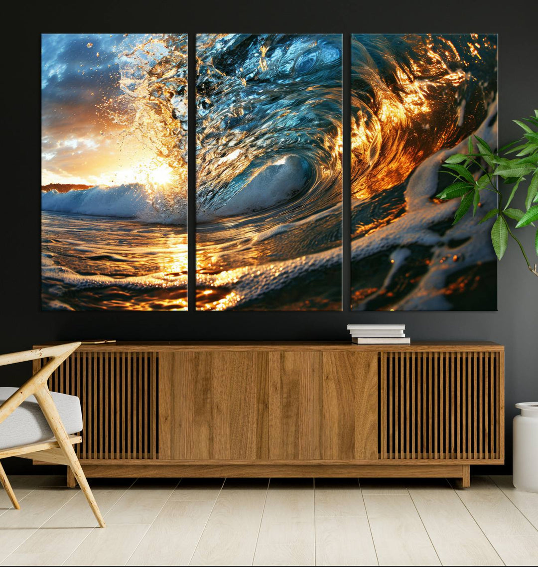 Ocean Wave at Sunset Wall Art | Ready to Hang Triptych Canvas Print | Coastal Wall Art for Living Room | Nautical and Beach House Decor