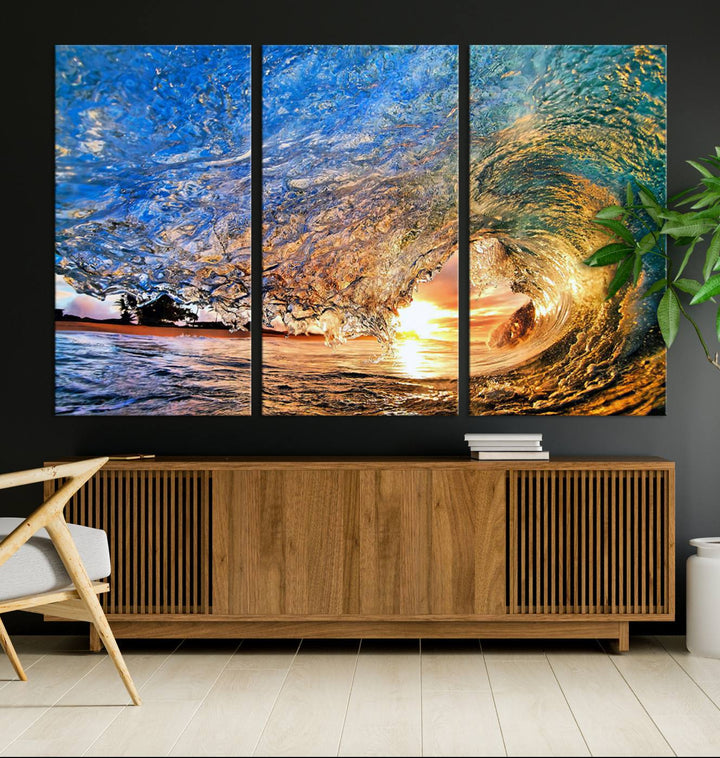 Ocean Wave at Sunset Canvas Print | Large Coastal Ocean Wall Art Print | Vibrant Beach Waves Art Print | Surf Lover Gift | Nautical Decor