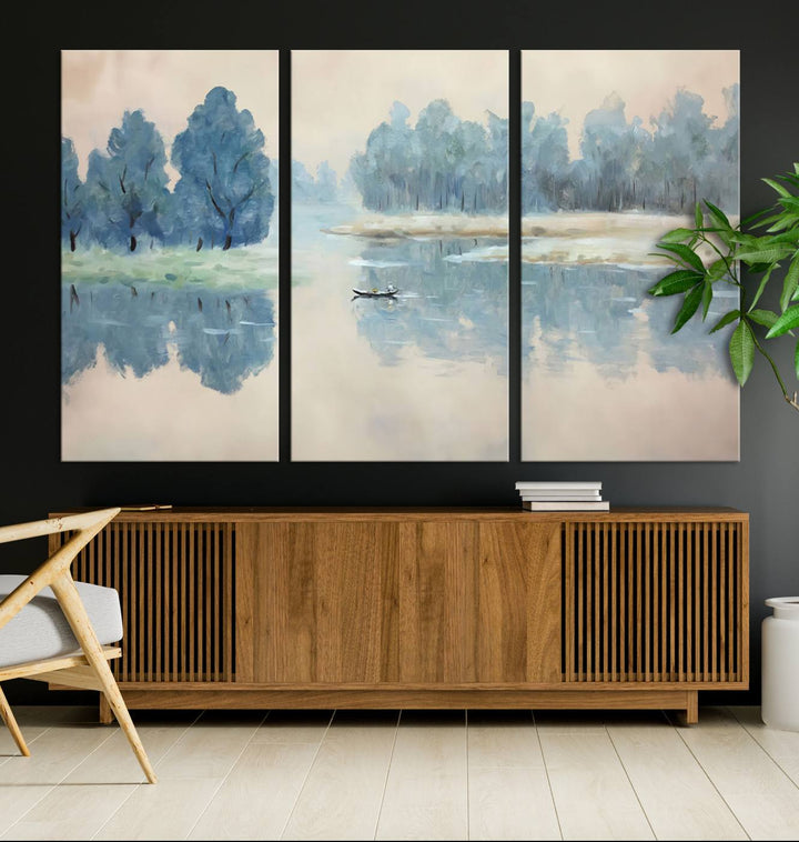 Landscape Printing Lake and Boat Scene | Serene Landscape Wall Art for Nature Lovers | Ready to Hang Triptych Canvas Print | Peaceful Blue Trees and Water Reflection Decor