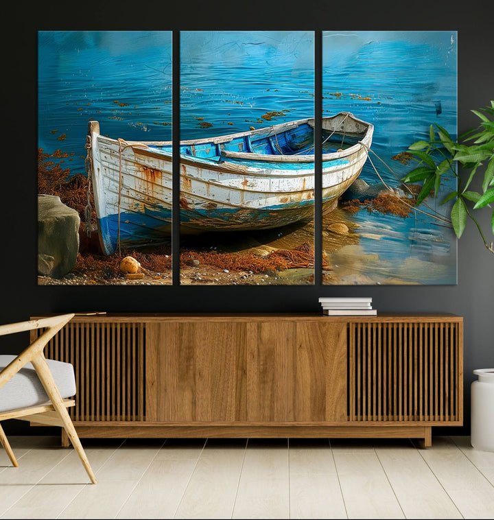 Vintage Boat on Tranquil Waters | Coastal Wall Art for Nautical Decor | Rustic Triptych Canvas Print | Beach House Art for Coastal Home Decor