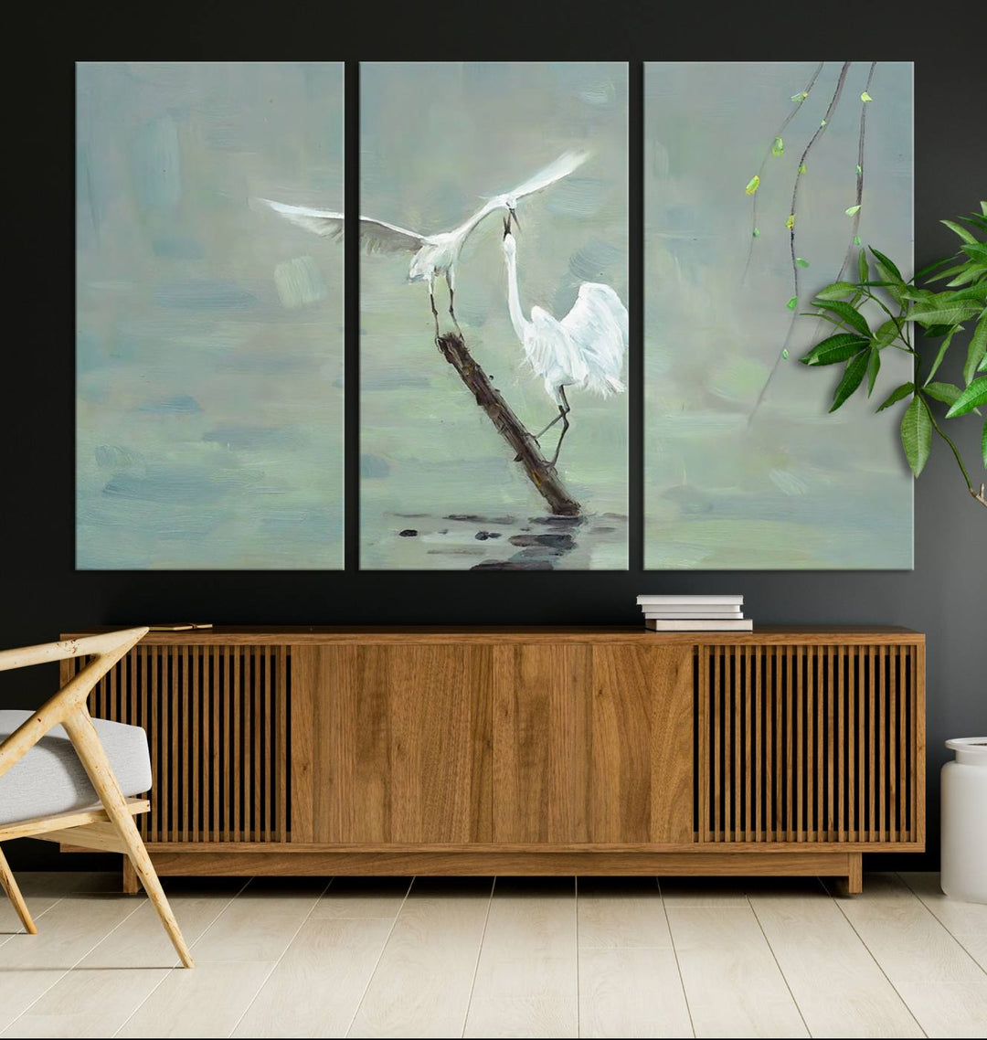 Elegant White Herons on Calm Waters | Coastal Wall Art for Nature-Inspired Decor | Serene Triptych Canvas Print | Ready to Hang Bird-Themed Art for Home Decor