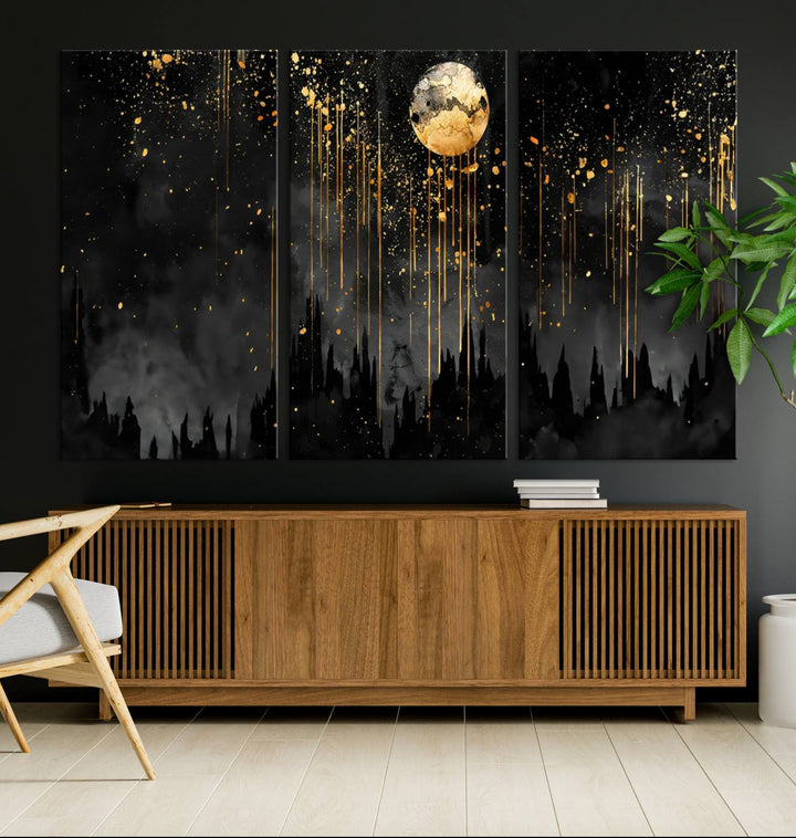 Gold Moon and Black Skyline Abstract Wall Art | Dark Modern Canvas Print with Dripping Gold Accents | Triptych Contemporary Homes