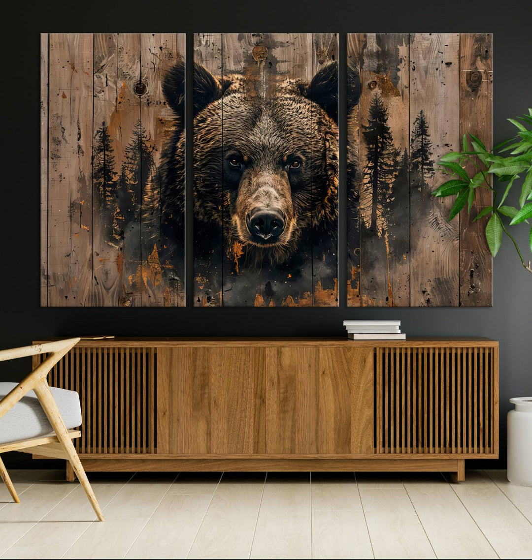 Rustic Bear Wall Art | Triptych Canvas Print | Rustic Cabin Wall Decor | Forest-Inspired Animal Art | Perfect for Farmhouse or Woodland Print