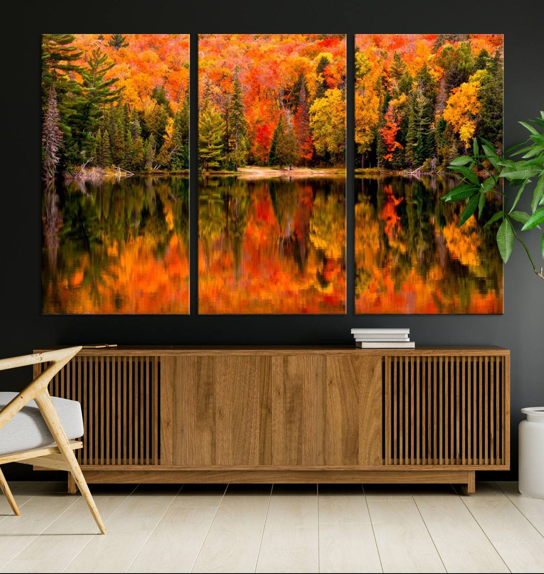 Autumn Forest Reflection Wall Art | Triptych Canvas Print | Vibrant Fall Foliage Wall Decor | Nature-Inspired Cabin Wall Art for Living Room